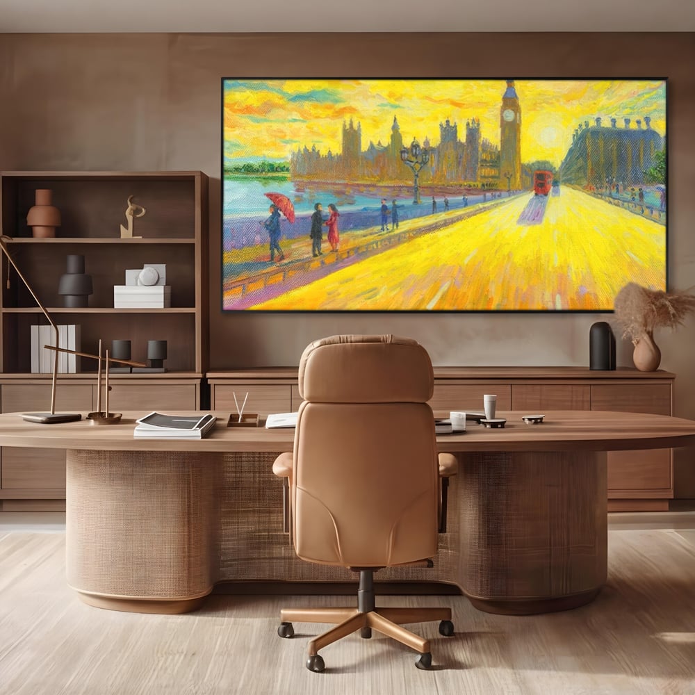 Tablou canvas cu tablou canvas cu londra si big ben, in rama de aluminiu negru, pe perete intr-un birou
